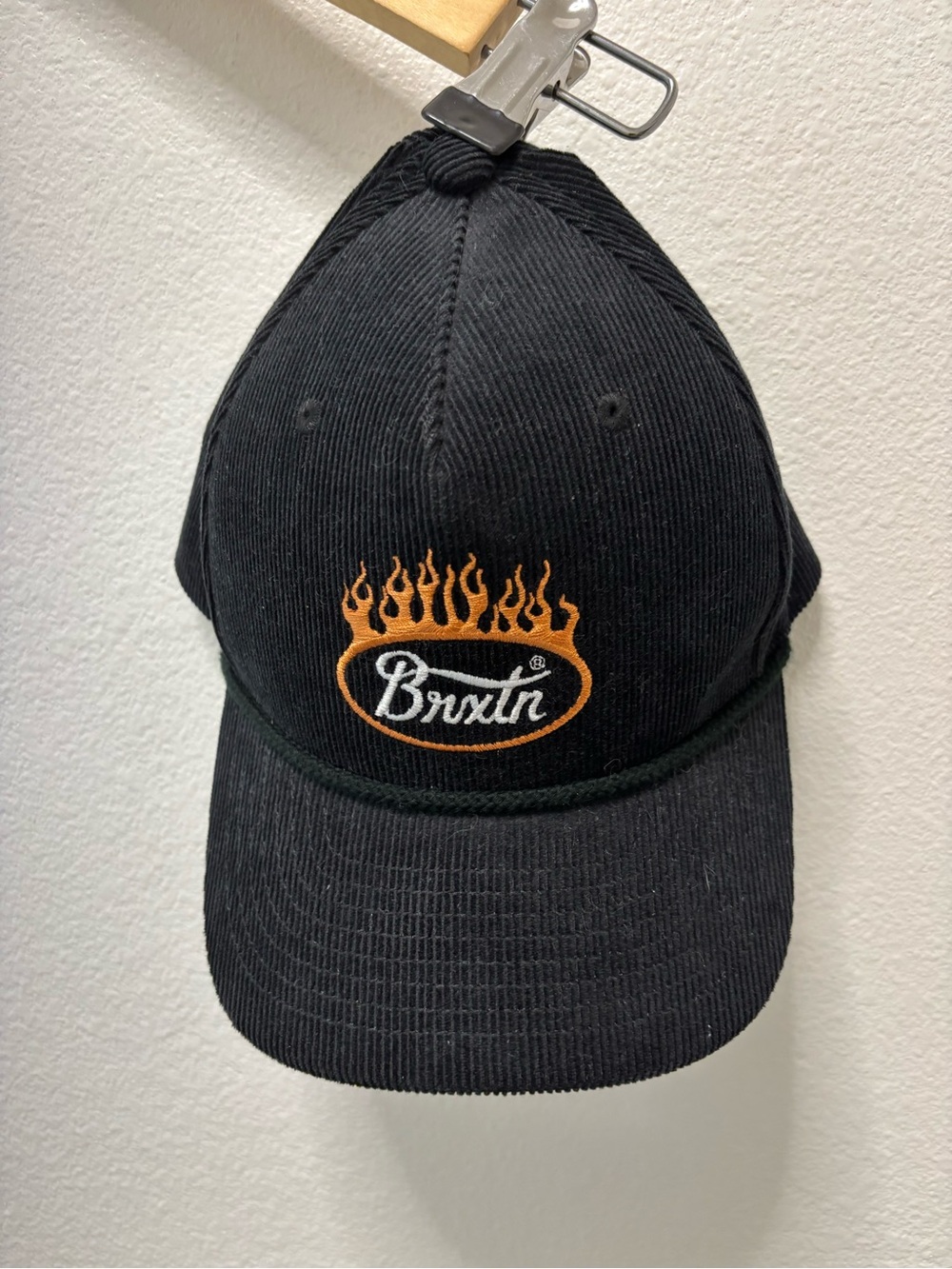 Brixton Black Corduroy Cap with Orange Flame Emblem